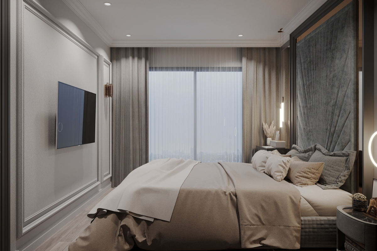 Decorative wooden wall paneling behind bed headboard with indirect LED lighting