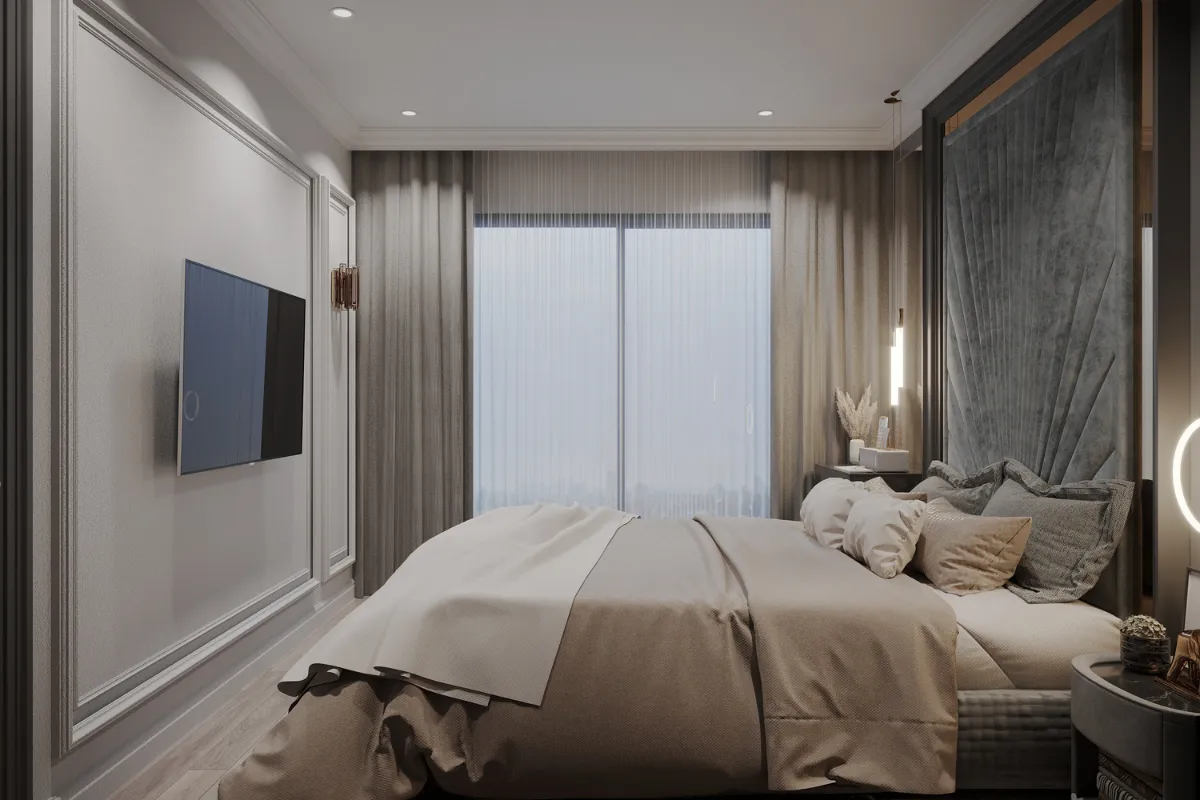 Decorative wooden wall paneling behind bed headboard with indirect LED lighting
