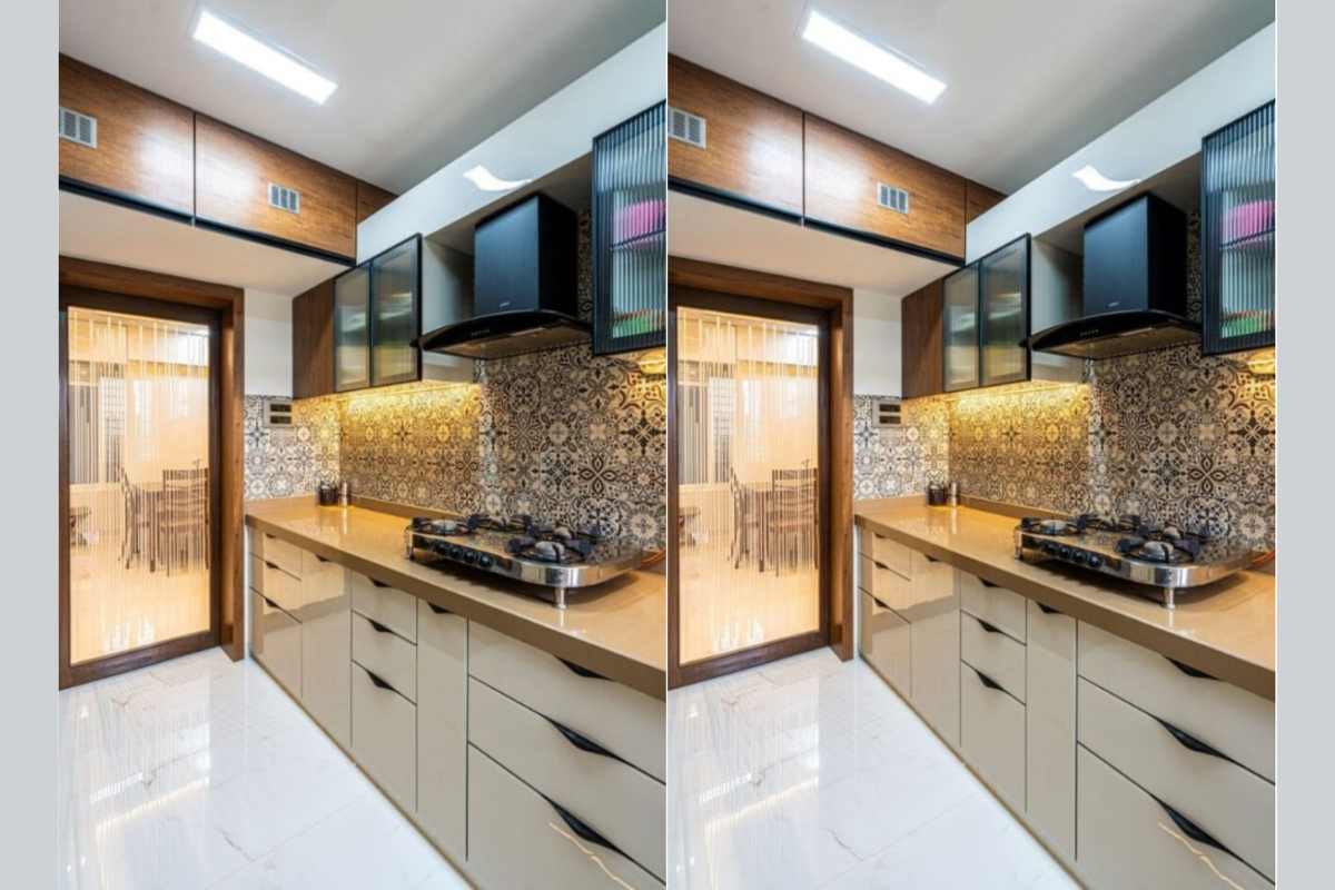 Compact 2BHK modular kitchen with smart storage solutions and glossy finish