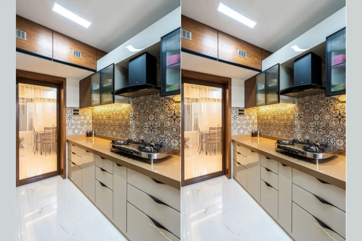 Compact 2BHK modular kitchen with smart storage solutions and glossy finish