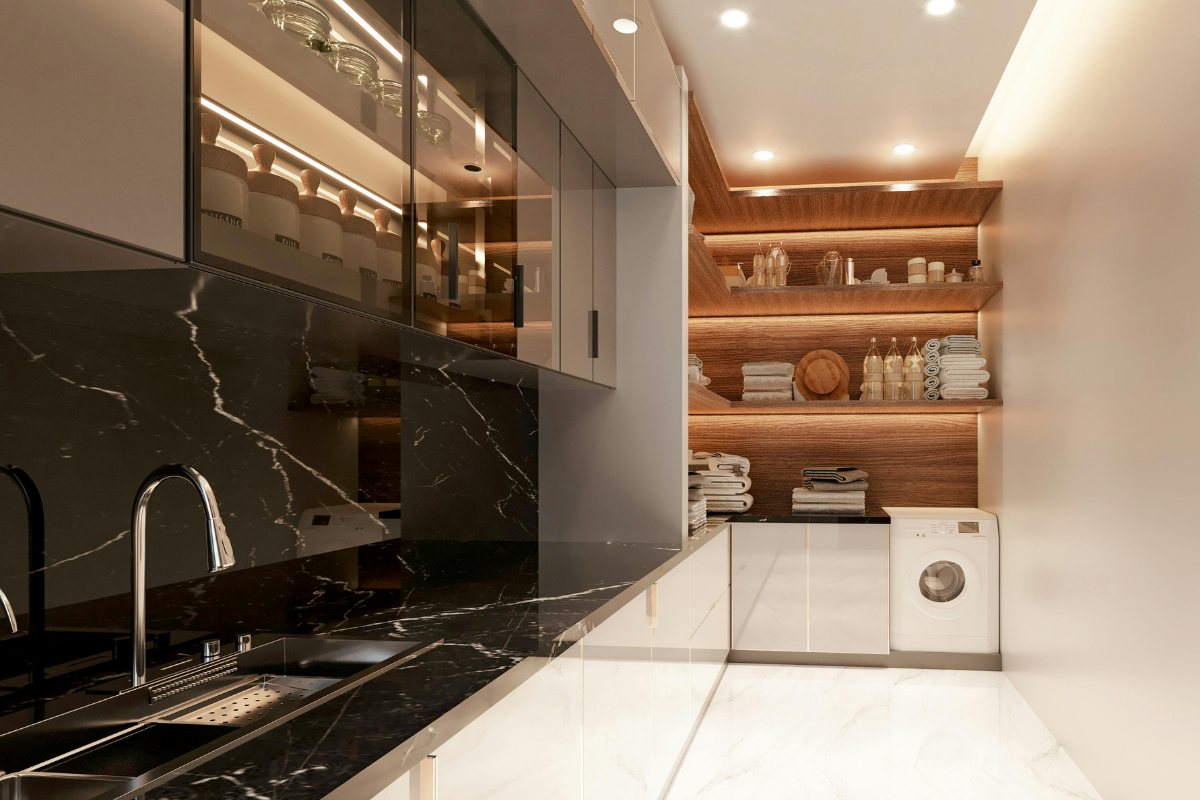 Glass-front crockery display unit with internal LED lights and wine rack section