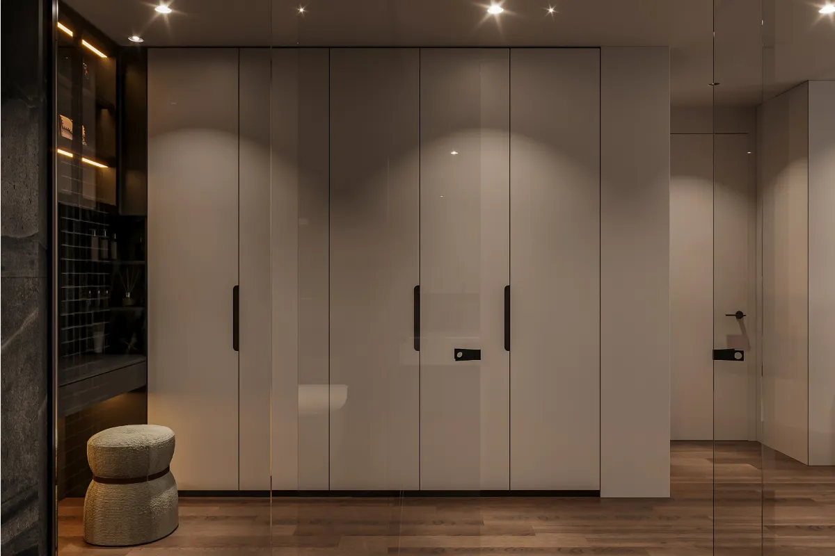 Three-door hinged wardrobe with loft, internal drawers, and matching dresser