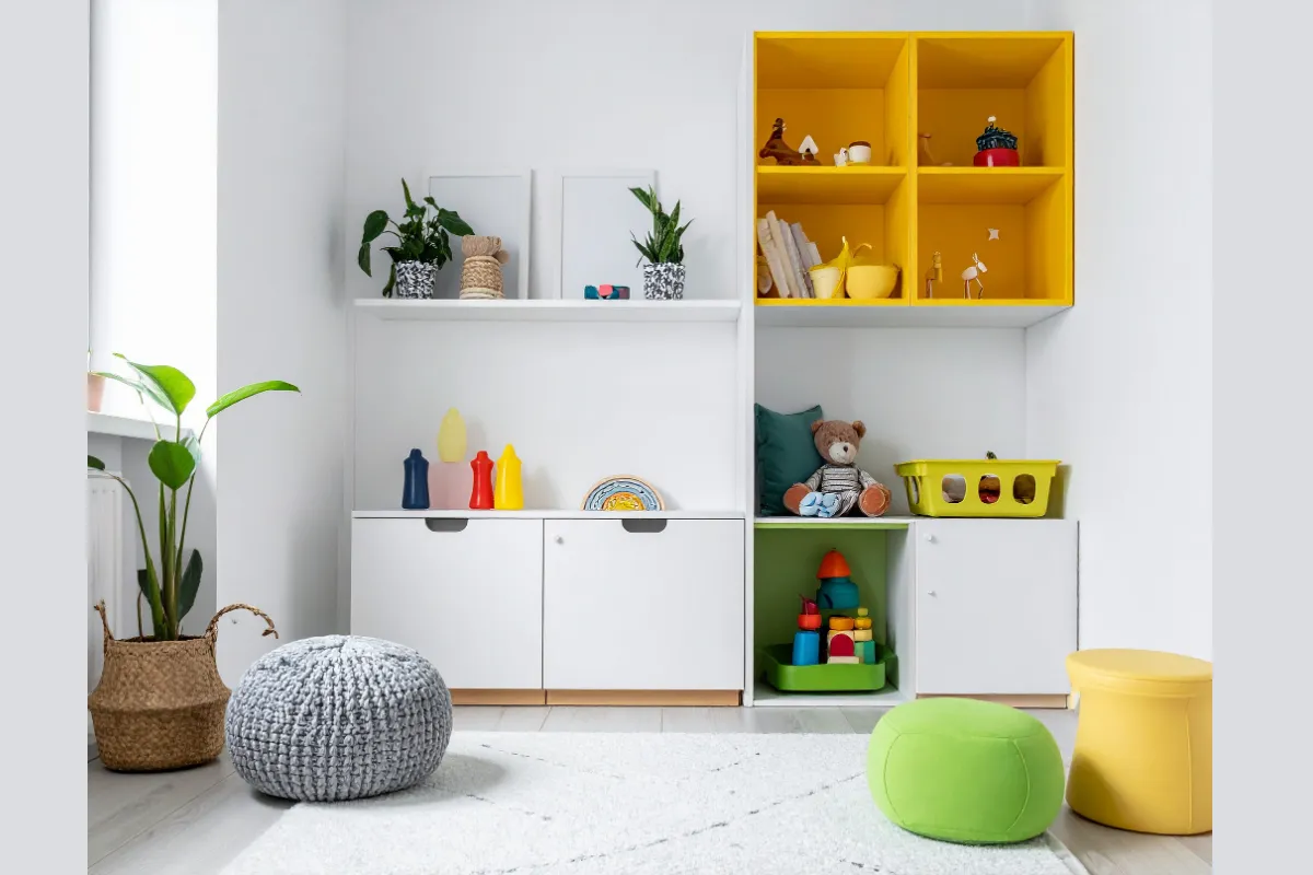 Colorful kids wardrobe with open shelves, study desk attachment, and soft-close drawers