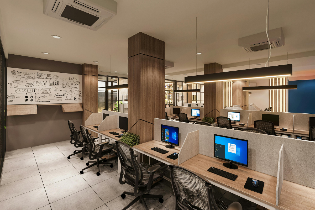 Modular workstation cluster for 20 employees with partitions and cable management
