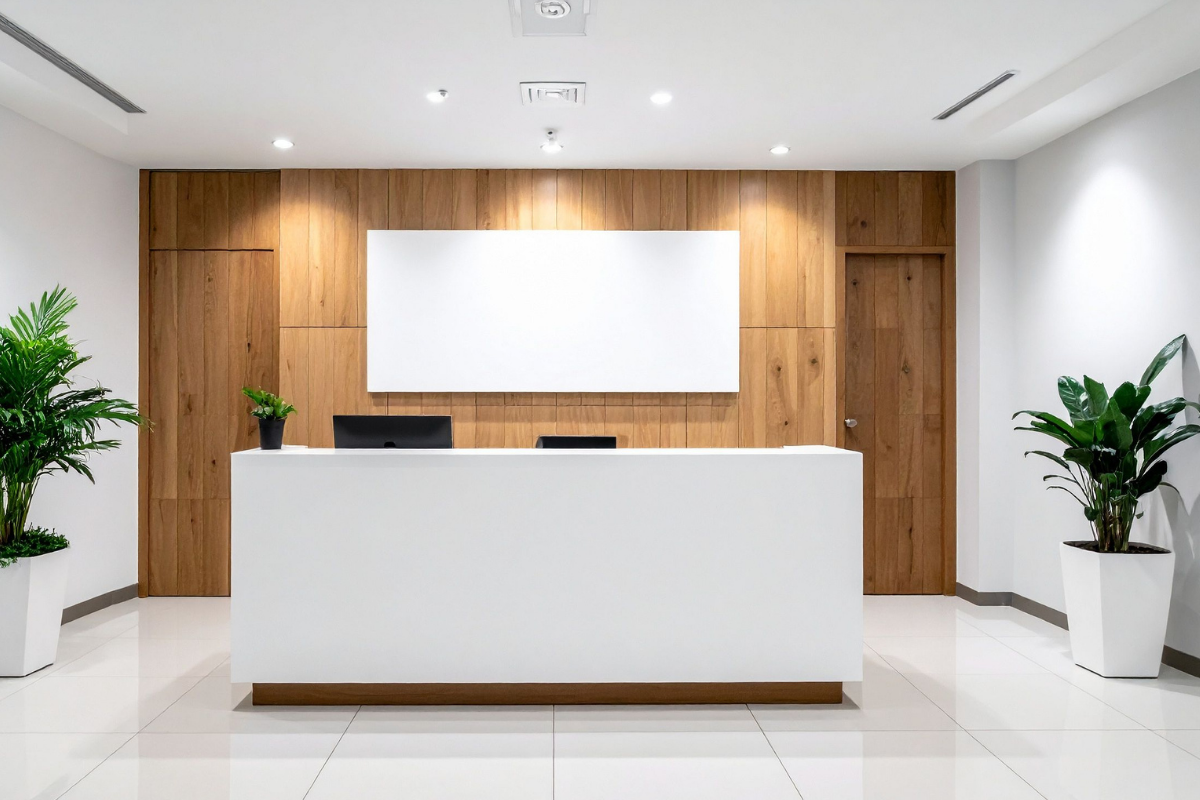 Modern reception counter with backlit company logo, storage, and visitor seating