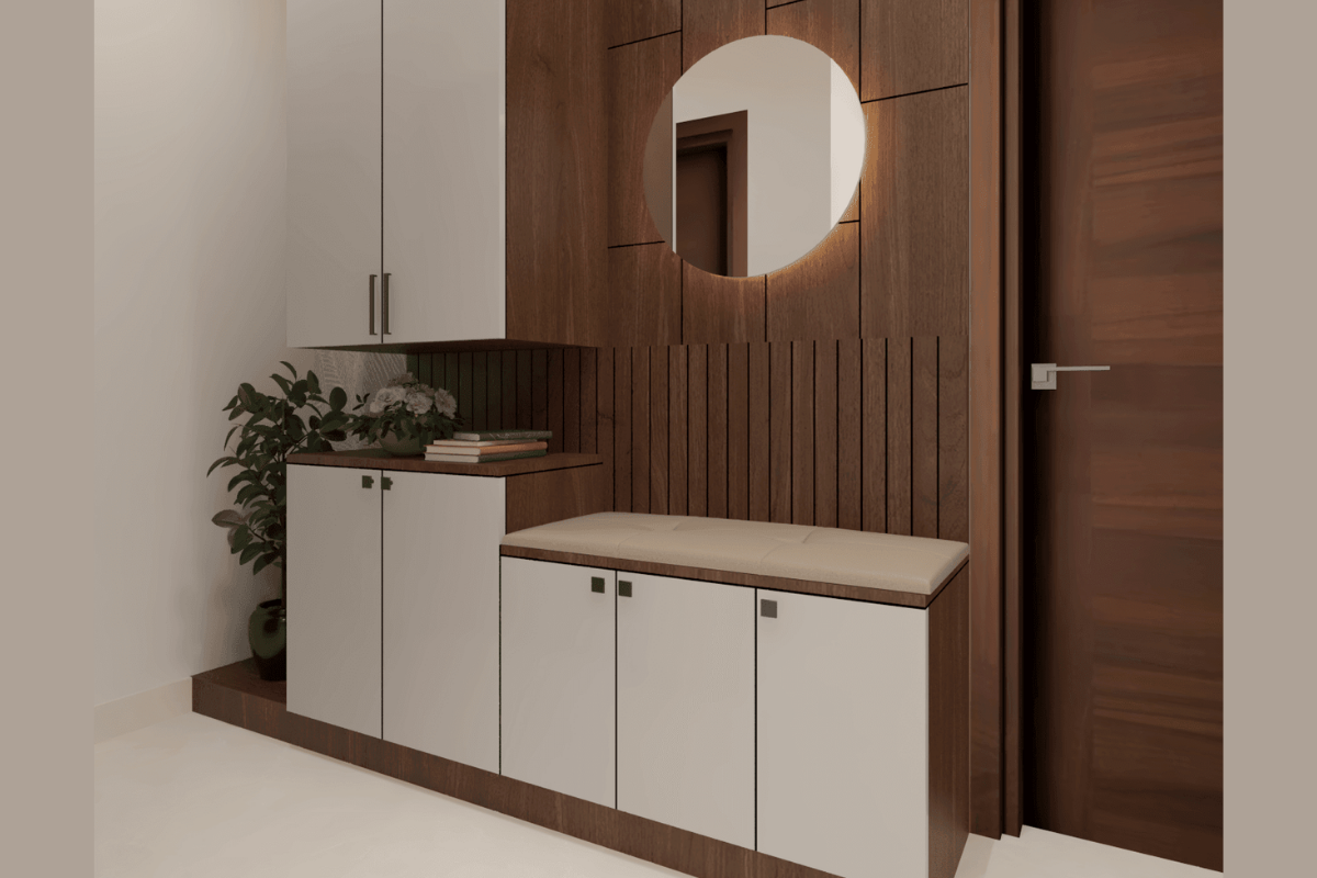 Entryway shoe rack with mirror, key holder, and seating bench in laminated finish