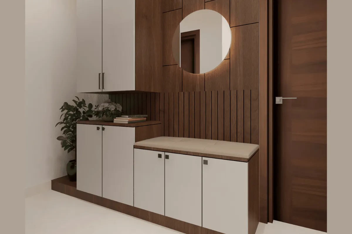 Entryway shoe rack with mirror, key holder, and seating bench in laminated finish