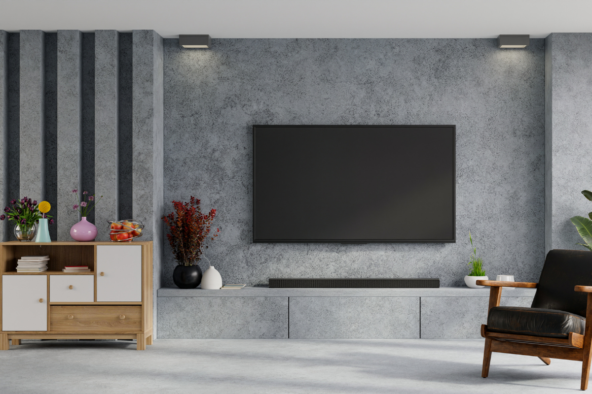 Custom TV unit with wooden wall paneling, LED backlight, and display shelves