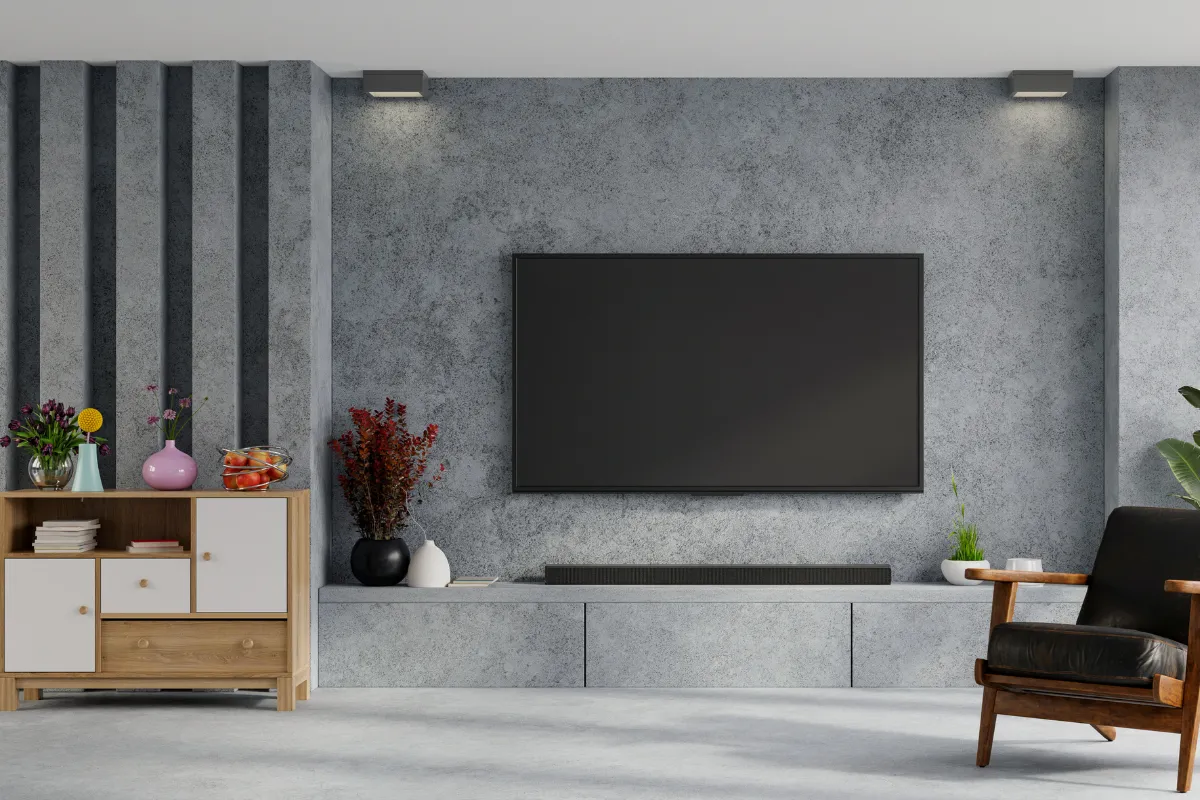 Custom TV unit with wooden wall paneling, LED backlight, and display shelves