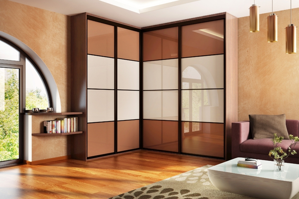 Elegant sliding wardrobe with mirror panels and wooden finish by Wudiqa