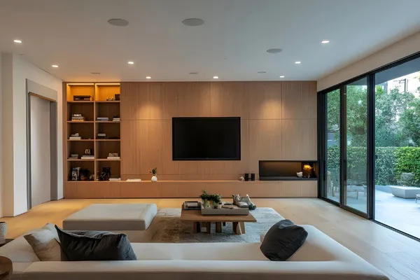 Custom wooden TV unit with wall paneling in a modern living room by Wudiqa